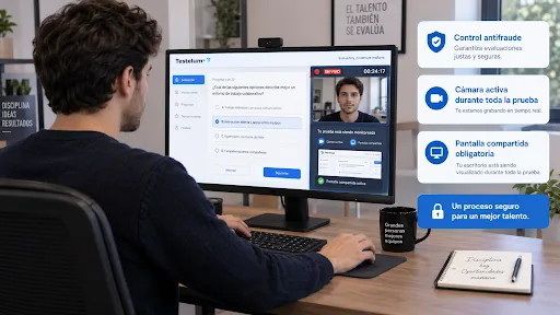 Candidato presentando una prueba frente al computador, con la cámara activa y la pantalla compartida bajo control antifraude.
