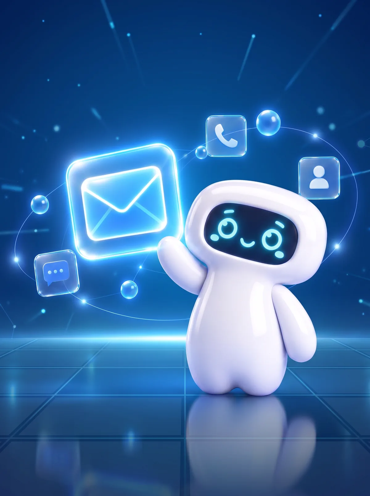 Lumi, la mascota de Testelum, saludando junto a íconos de correo, teléfono y chat.