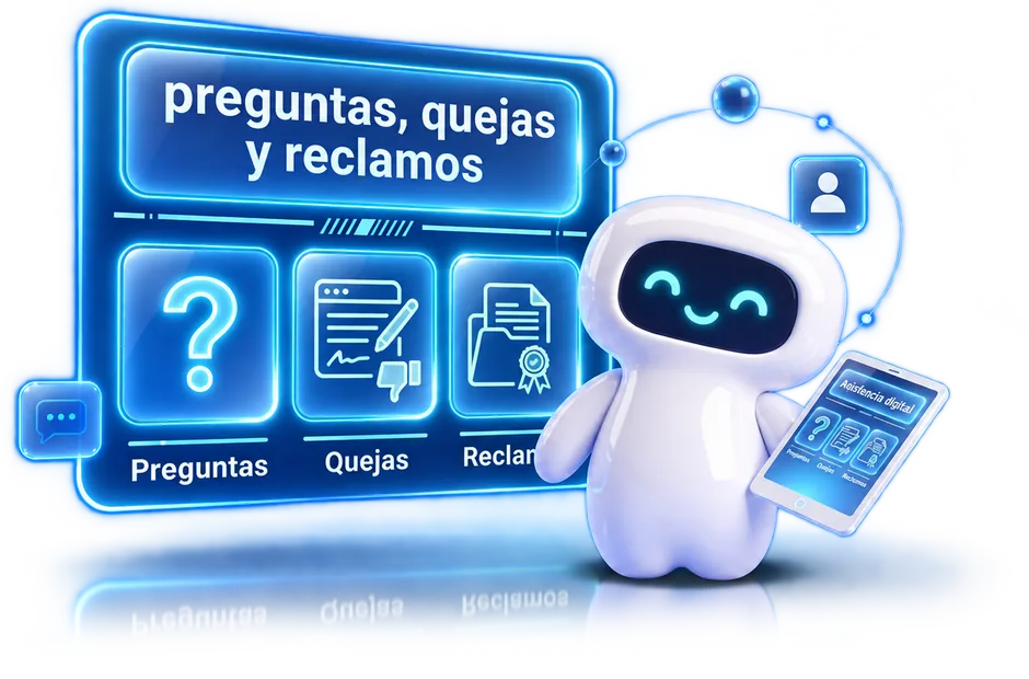 Lumi, la mascota de Testelum, con un tablero de preguntas, quejas y reclamos y una tableta de asistencia digital.