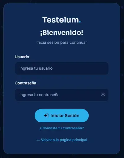 Pantalla de inicio de sesión de Testelum con campos de usuario y contraseña.