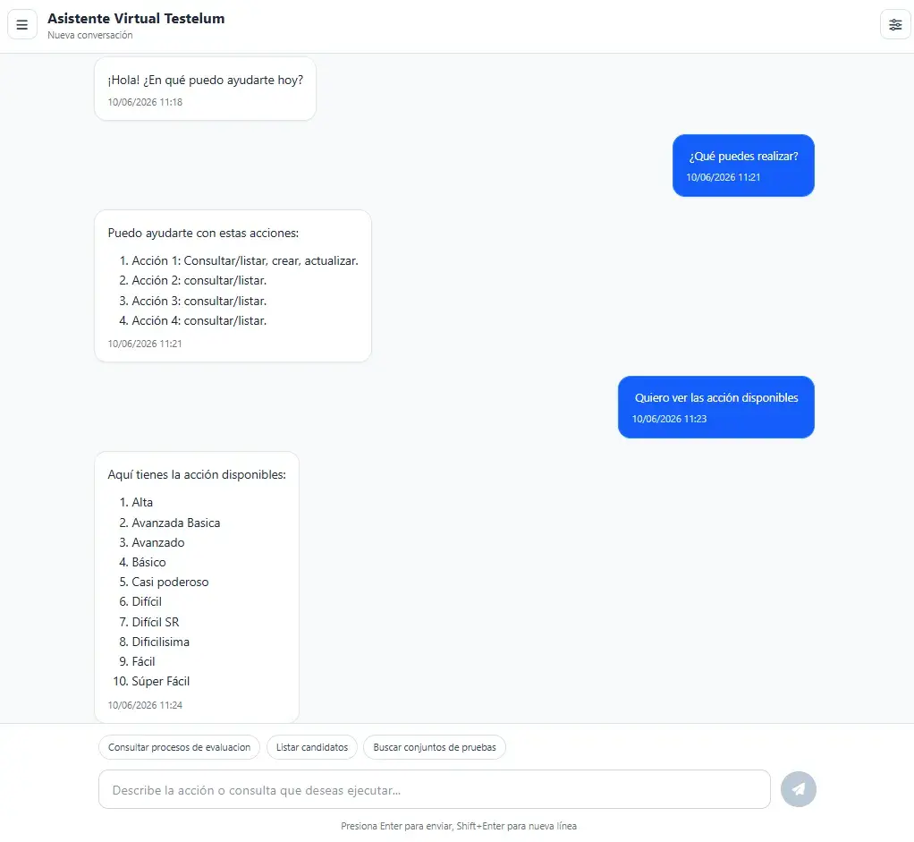 Intercambio de mensajes entre usuario y asistente dentro del chat.