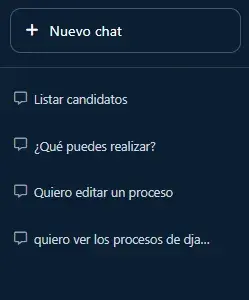 Panel de historial con botón Nuevo chat y listado de conversaciones previas.