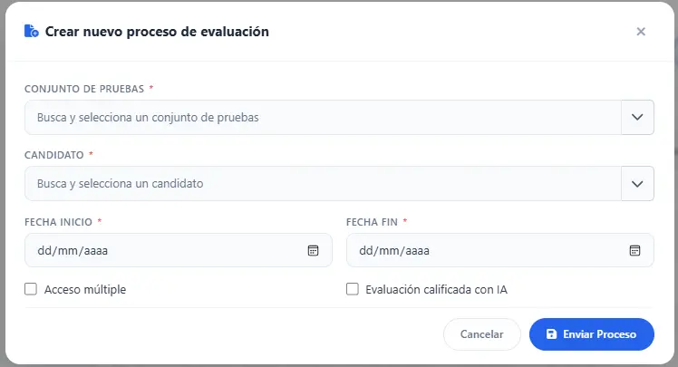 Modal Crear nuevo proceso de evaluación con conjunto de pruebas, candidato, fechas y opciones de acceso múltiple y evaluación con IA.