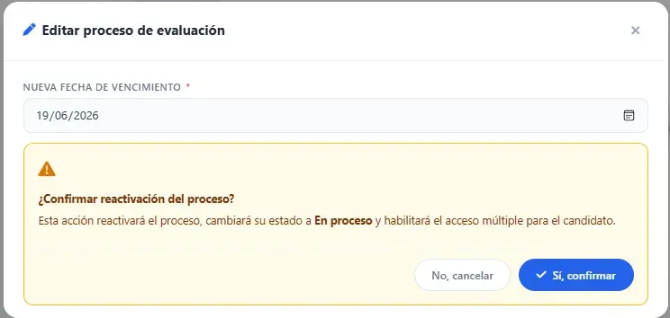 Modal de reactivación para proceso finalizado con confirmación de cambio.