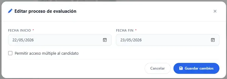 Modal de edición de proceso en estado pendiente con fecha de inicio y fin.