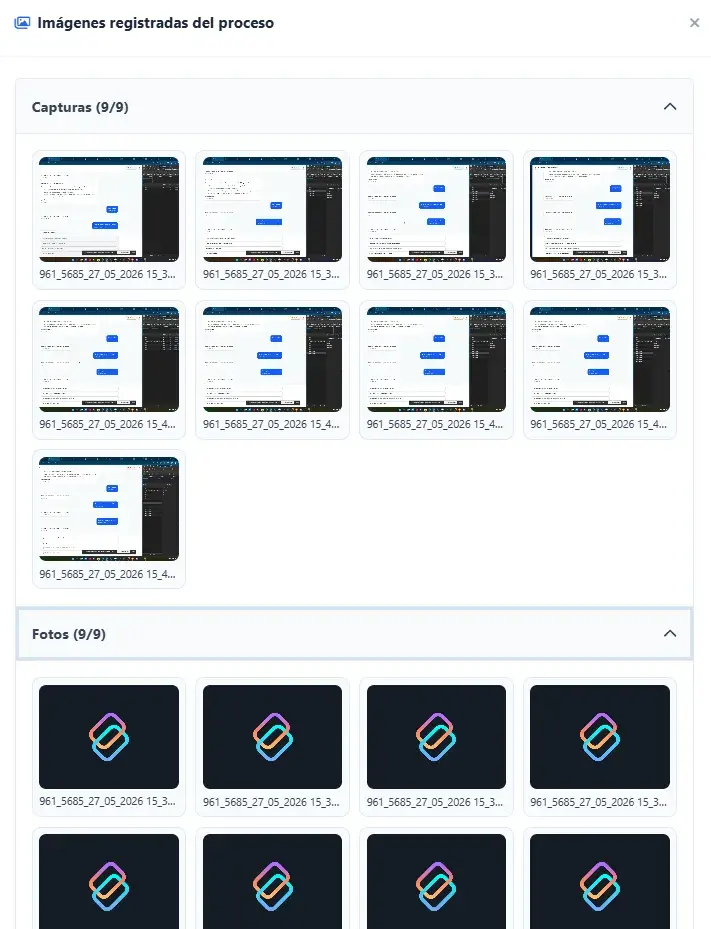 Galería de imágenes registradas del proceso separada por capturas y fotos.
