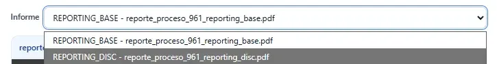 Selector desplegable para cambiar entre múltiples informes del proceso.