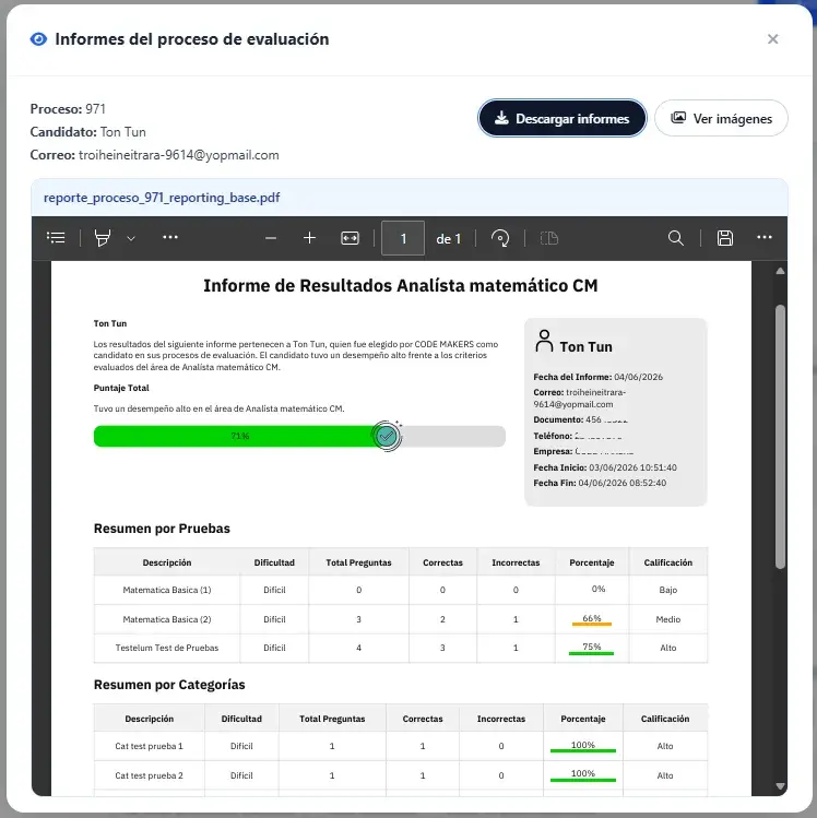 Modal de informes del proceso con visor de documento.
