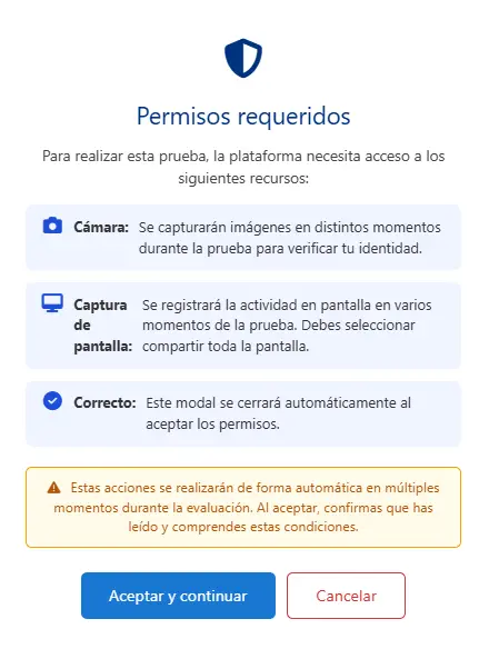 Ventana de permisos requeridos para cámara y captura de pantalla.