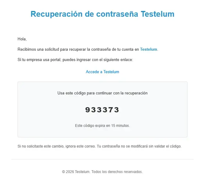 Correo de recuperación con código de seis dígitos y tiempo de expiración.