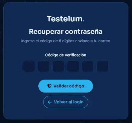 Pantalla de verificación con seis campos para código de recuperación.