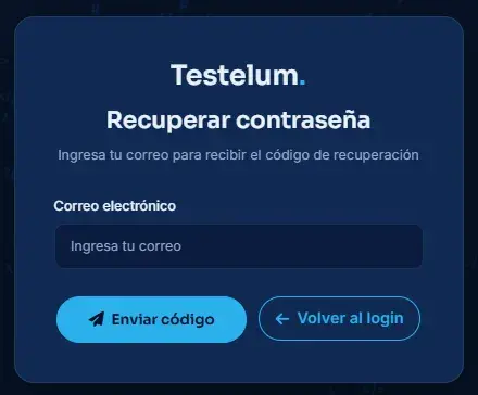 Formulario de recuperación solicitando correo electrónico para enviar código.