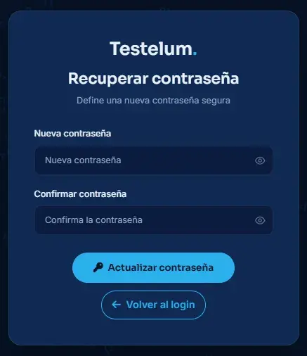 Pantalla para crear nueva contraseña y confirmar la credencial.