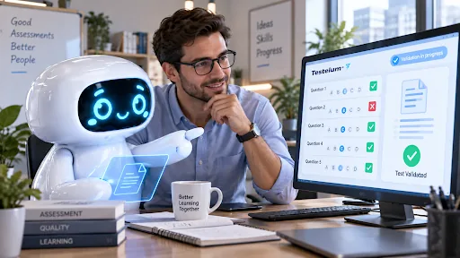 Lumi, la mascota de Testelum, junto a un evaluador que revisa en pantalla las respuestas validadas por la IA.